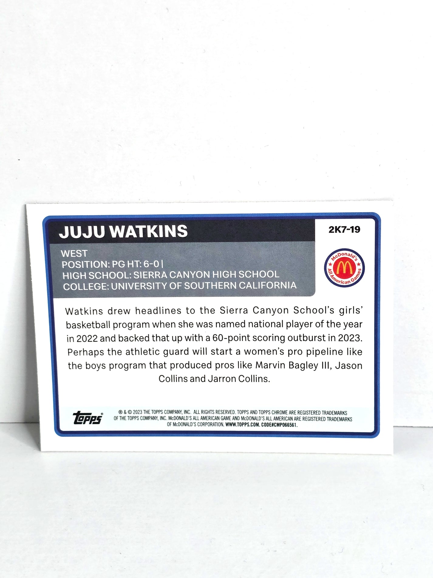 JuJu Watkins WNBA Basketball Card 2023 Topps No. 2k7-19