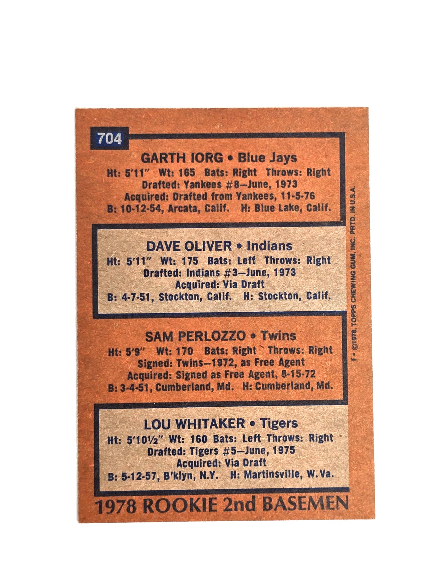 1978 MLB Rookie 2nd Basemen Topps No. 704