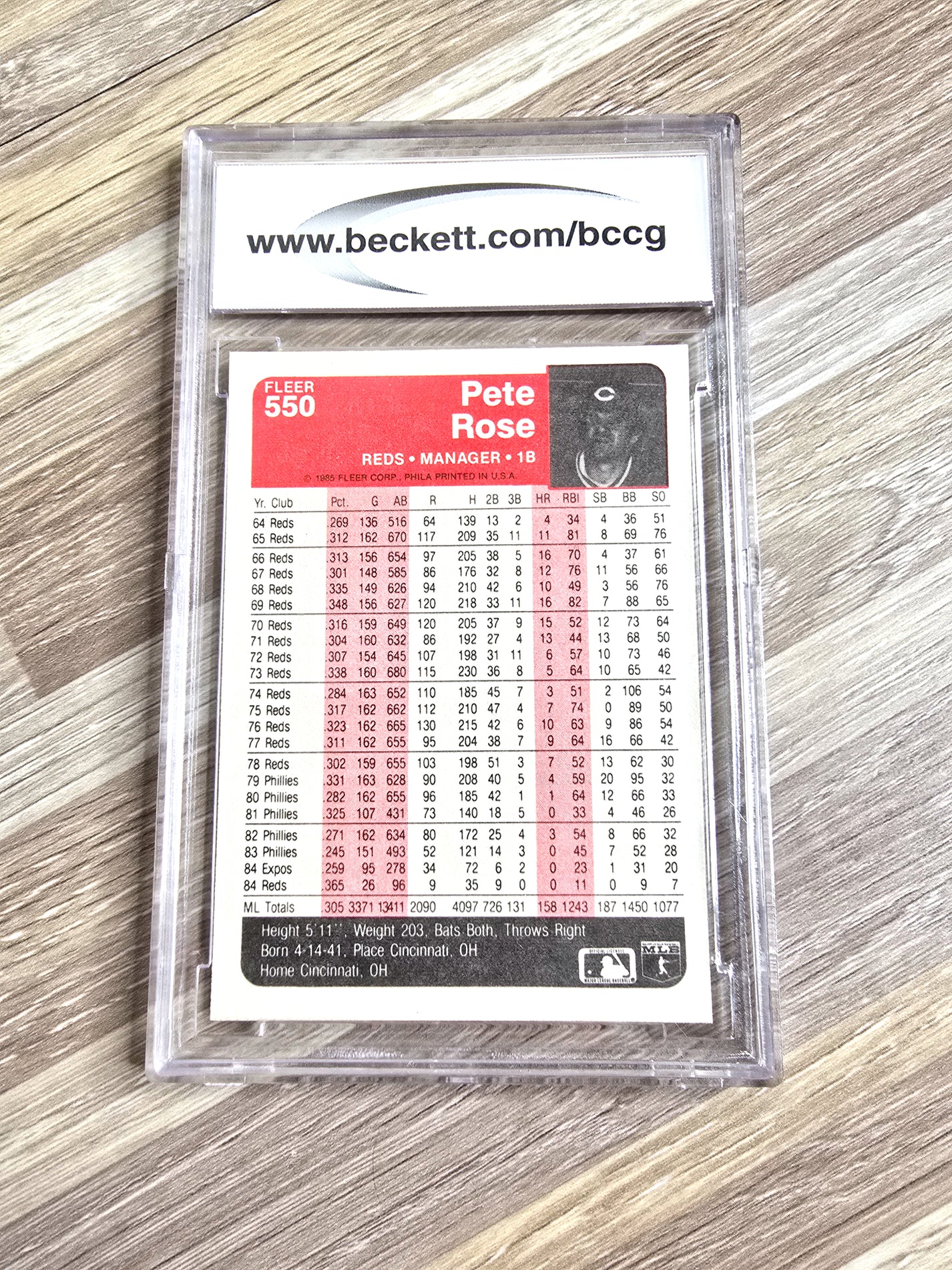 1985 Pete Rose Fleer #550 Baseball Card – Beckett Graded 9