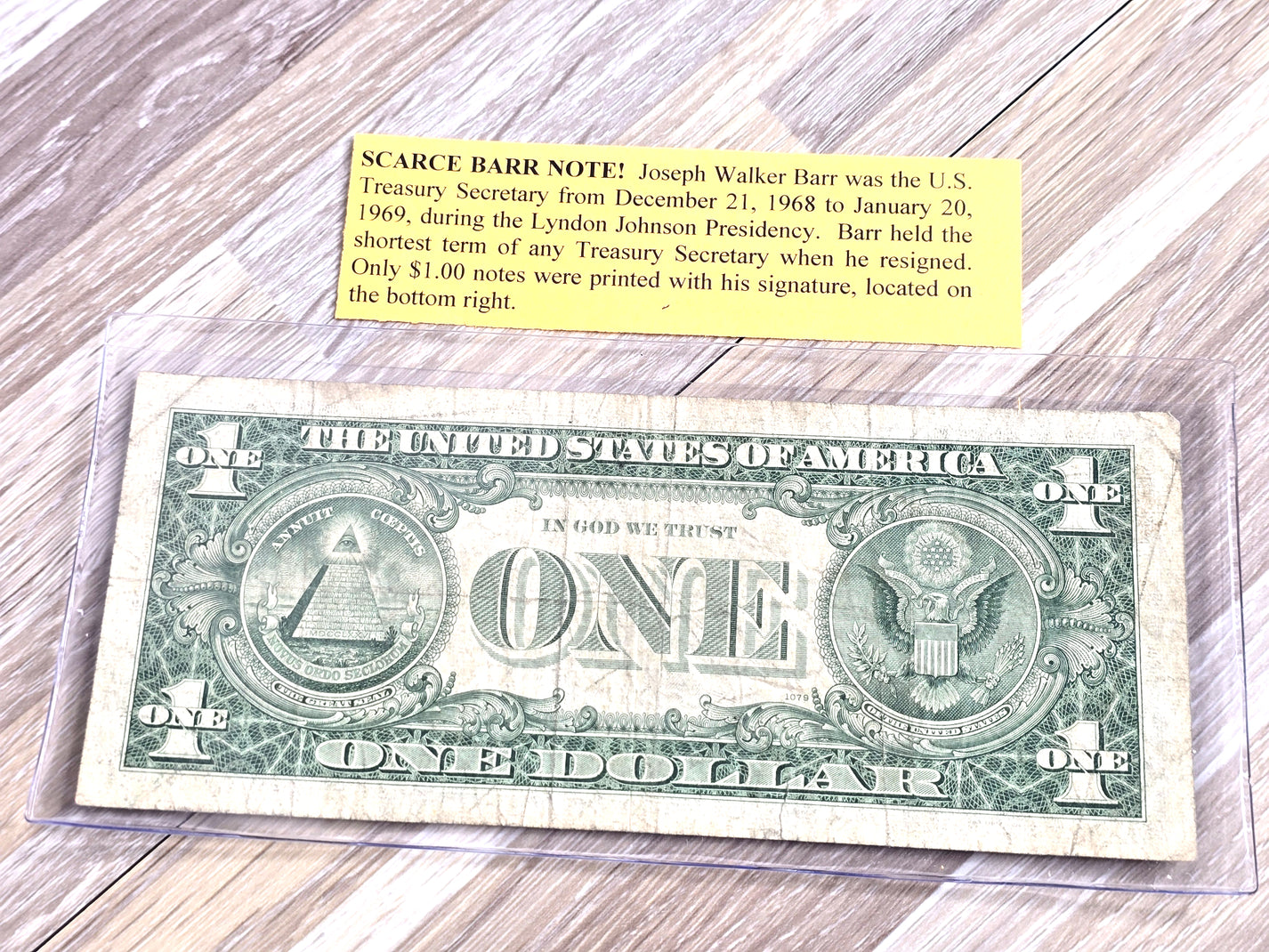 1963B 1 Dollar Bill Scarce, Signed Joseph Walker Barr Treasure 1968 - 1969 Shortest Term in U.S. History