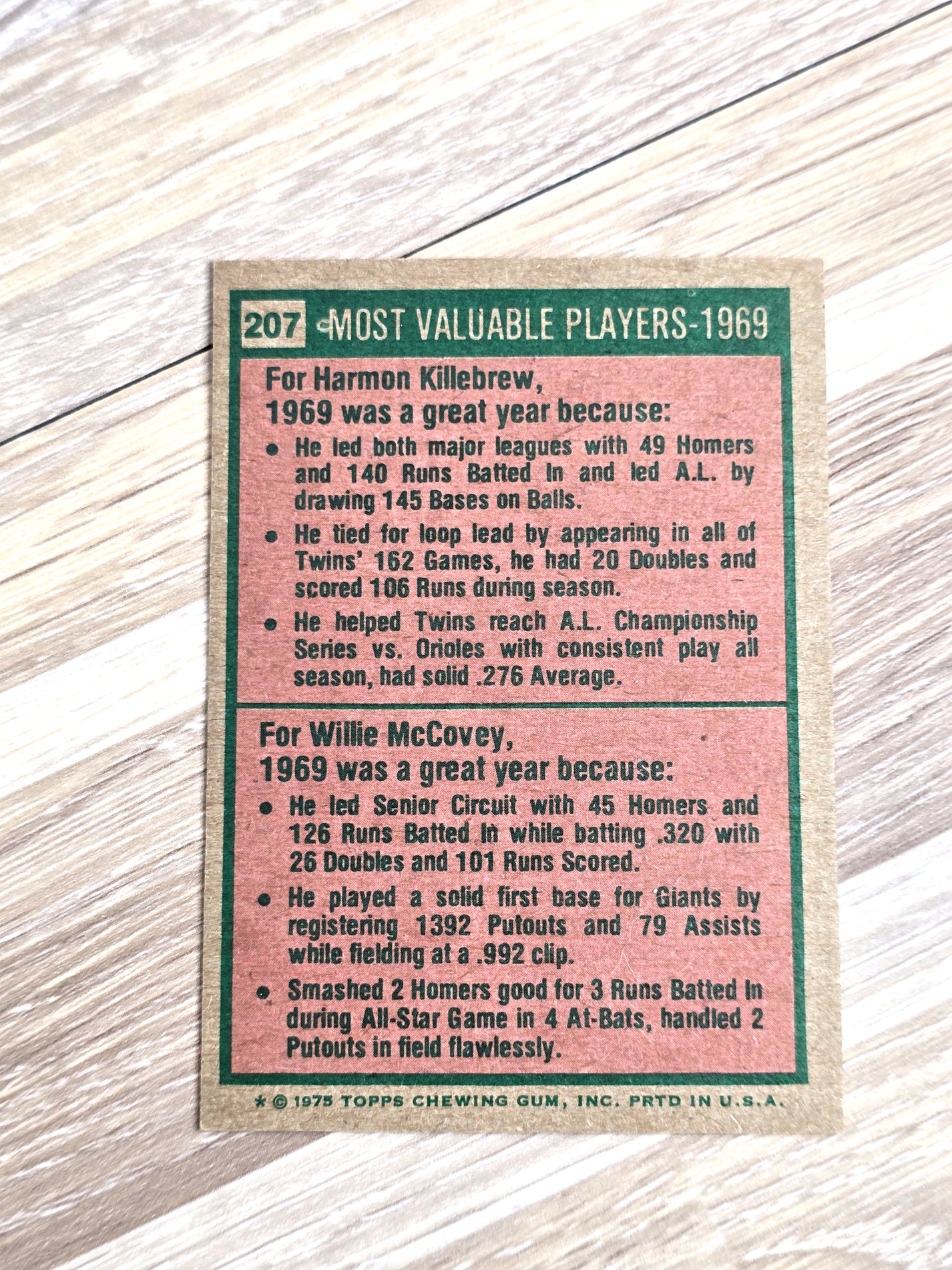 1975 Topps 25 Years Most Valuable Players Killebrew McCovey No. 207
