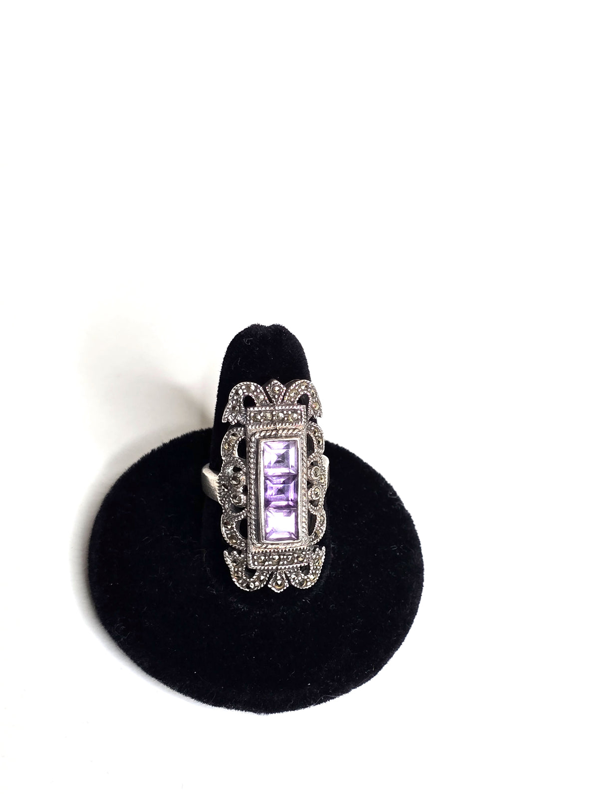 Antique Sterling Silver Ring Amethyst Purple  Square-Cut  Size 6.5 Weight 11.3 Grams