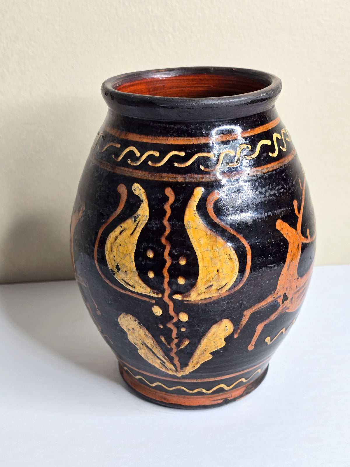 Vintage Fine Art 1996 Greg Shooner Signed American Redware Pottery Jar Vase – Leaping Stag &amp; Tulip Slip Decorated Folk Art