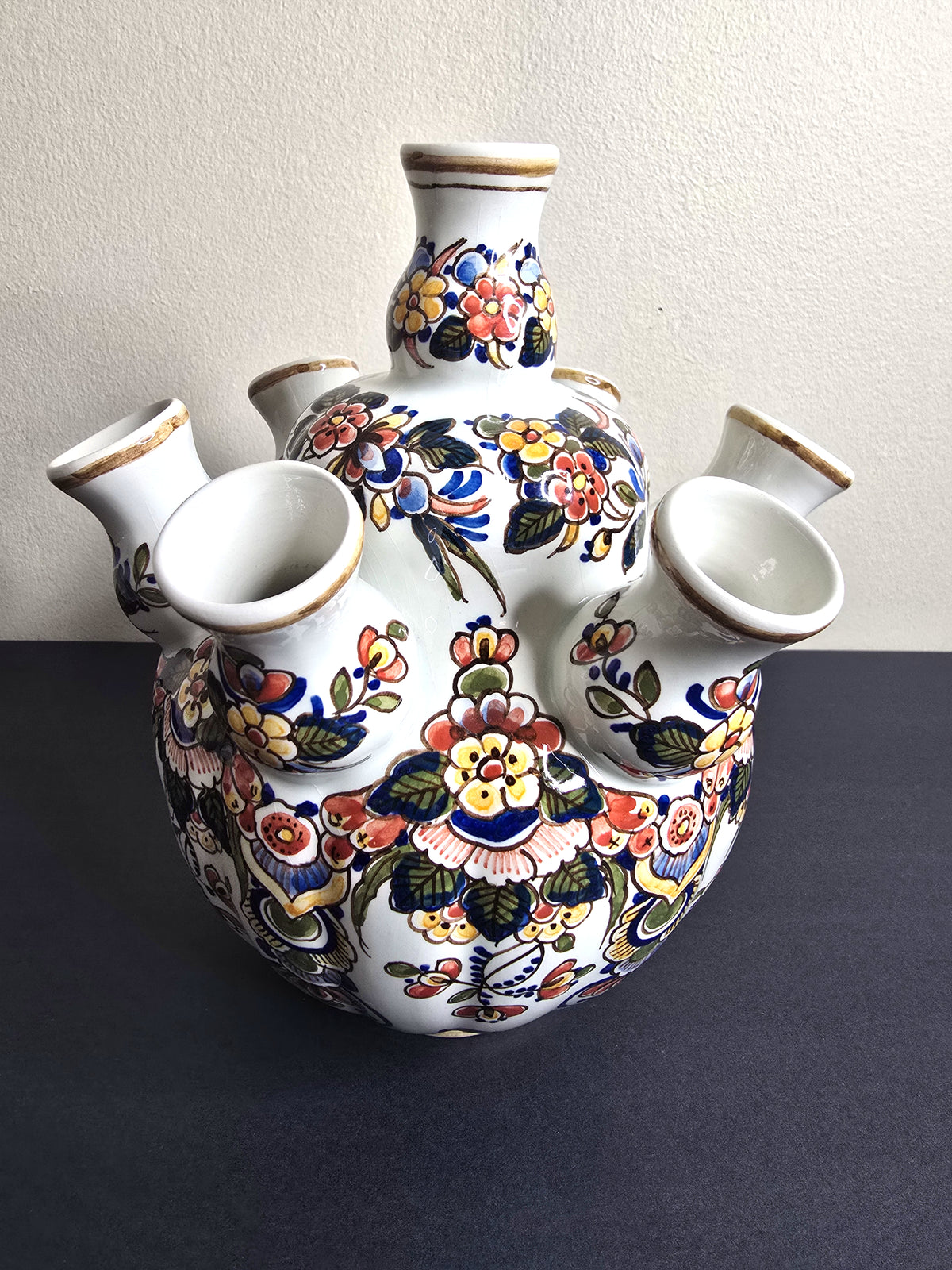 Vintage Fine Art Dutch Delft Handwerk Holland 7-Spout Polychrome Tulipiere Vase - Very Rare Museum Quality