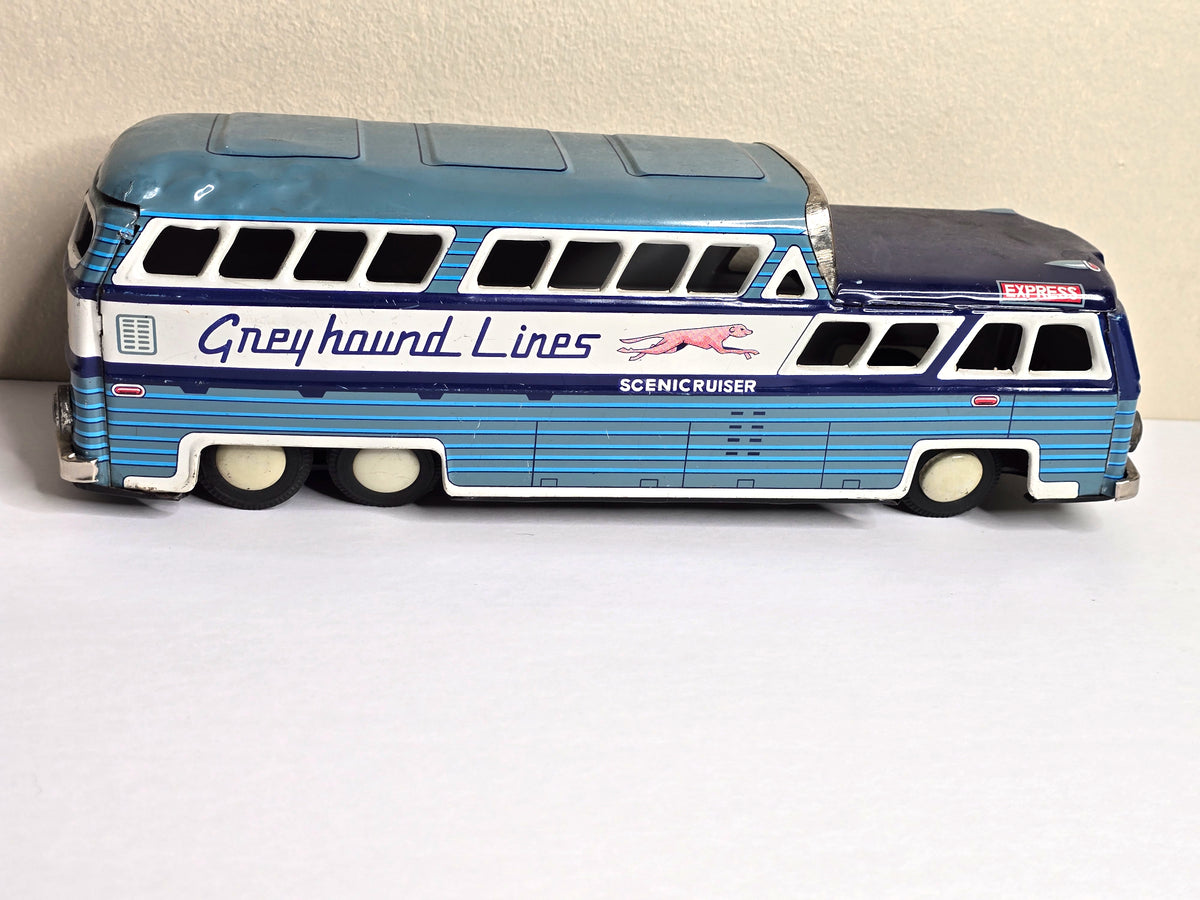 Vintage 1950s Japanese Tin Litho Greyhound Lines Scenicruiser Bus M-732 Friction Toy