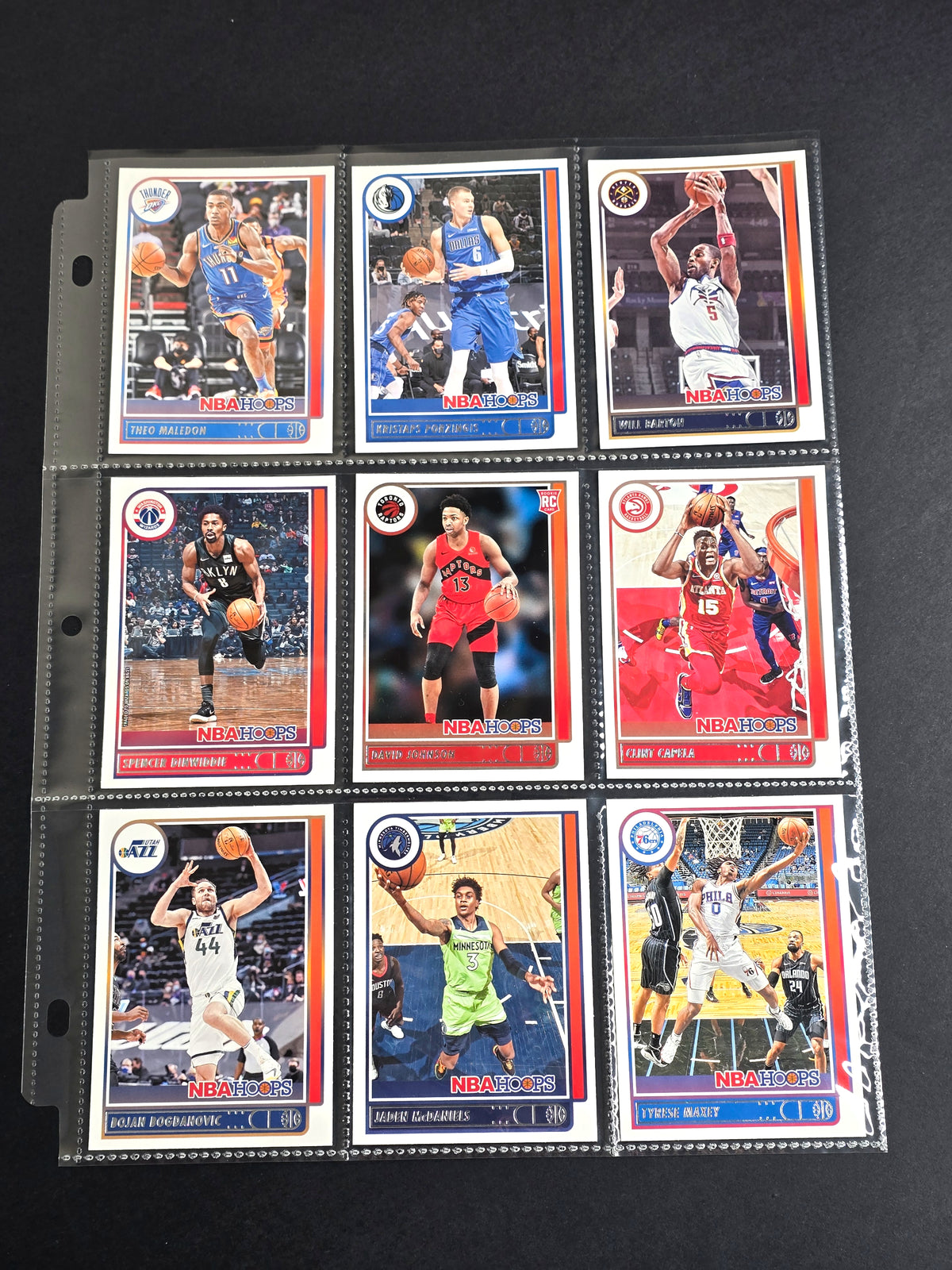 2021-22 Panini NBA Hoops Basketball 9-Card Bundle Sale – Tyrese Maxey #57, David Johnson RC #222, Porzingis, McDaniels