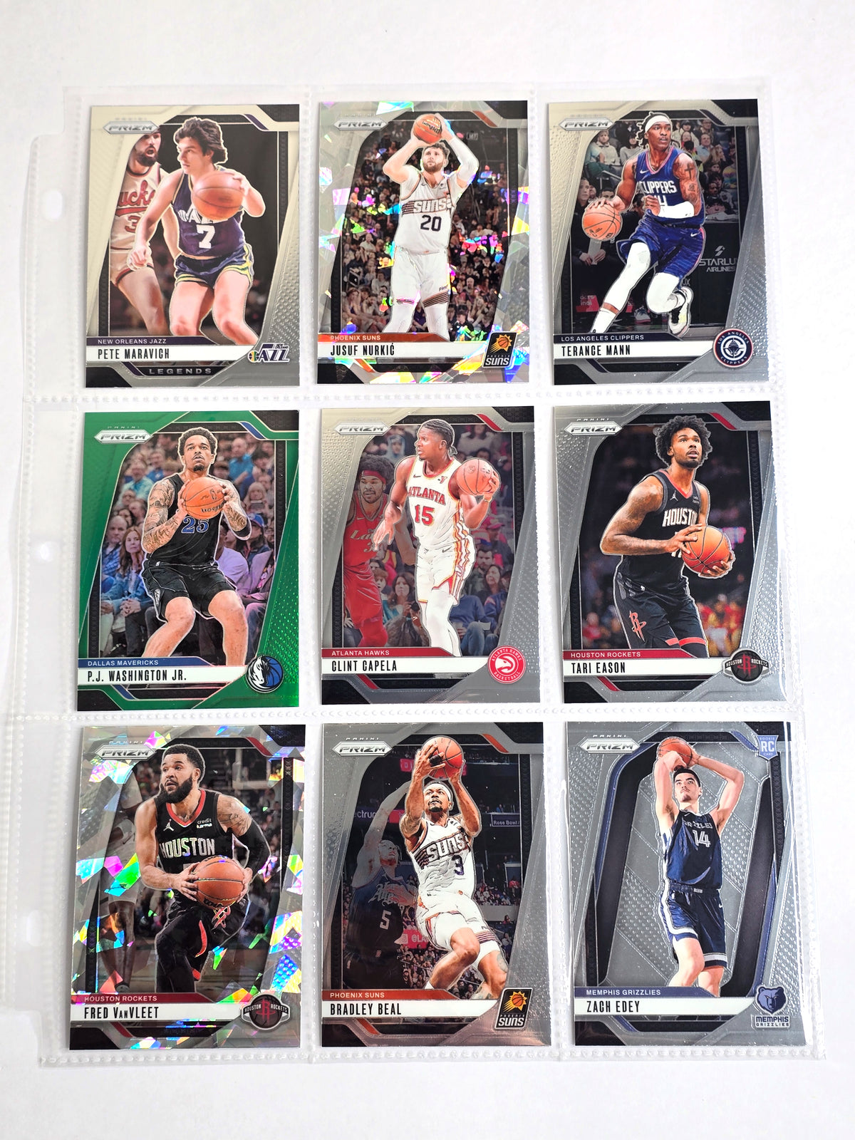 2024-25 Panini Prizm Basketball 9-Card Lot – Zach Edey RC #249, Pete Maravich Legends, P.J. Washington Green Prizm