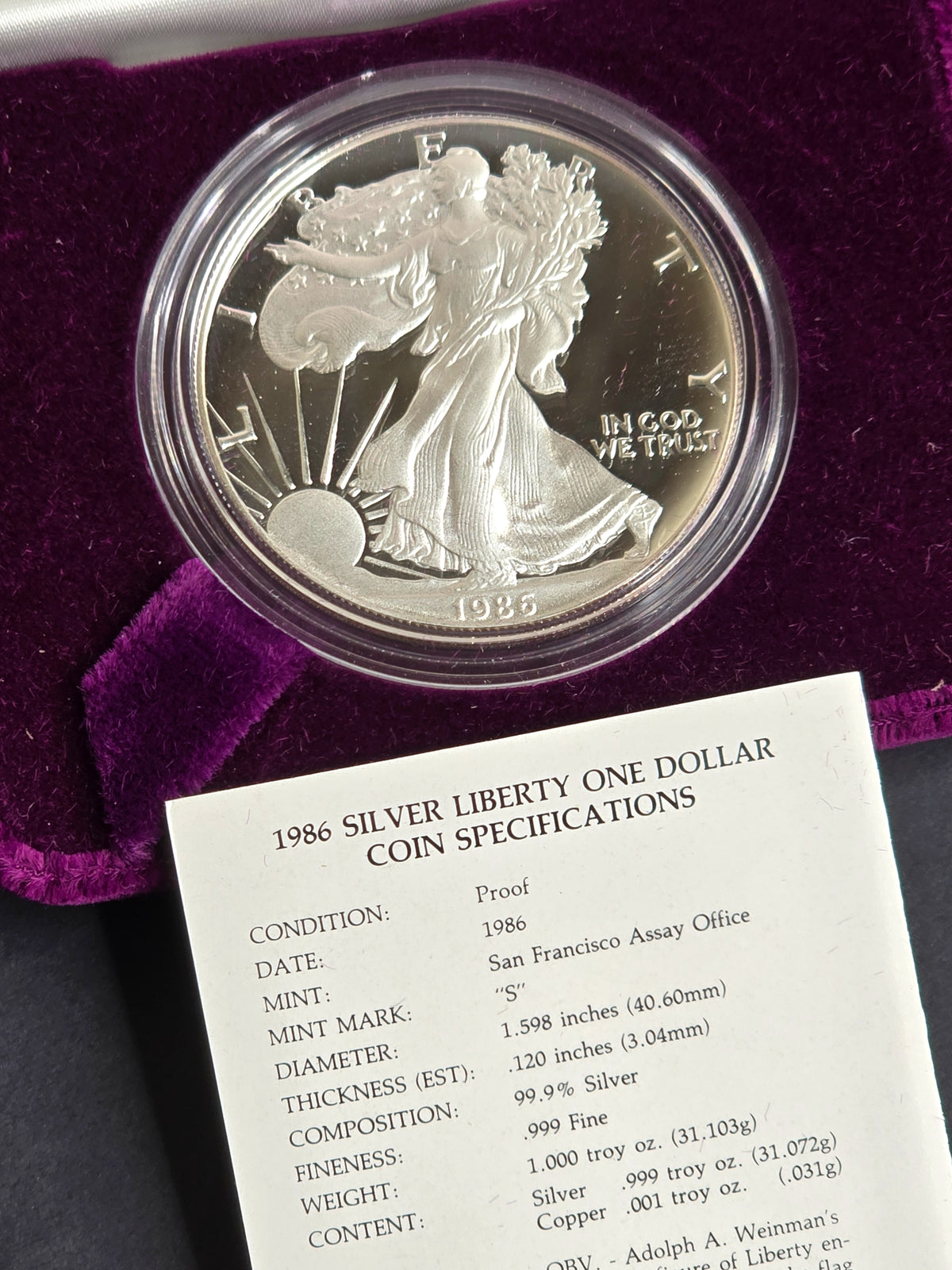 1986-S Proof American Silver Eagle 1 oz .999 Fine Silver Dollar Coin with OGP Box &amp; COA – First Year of Issue