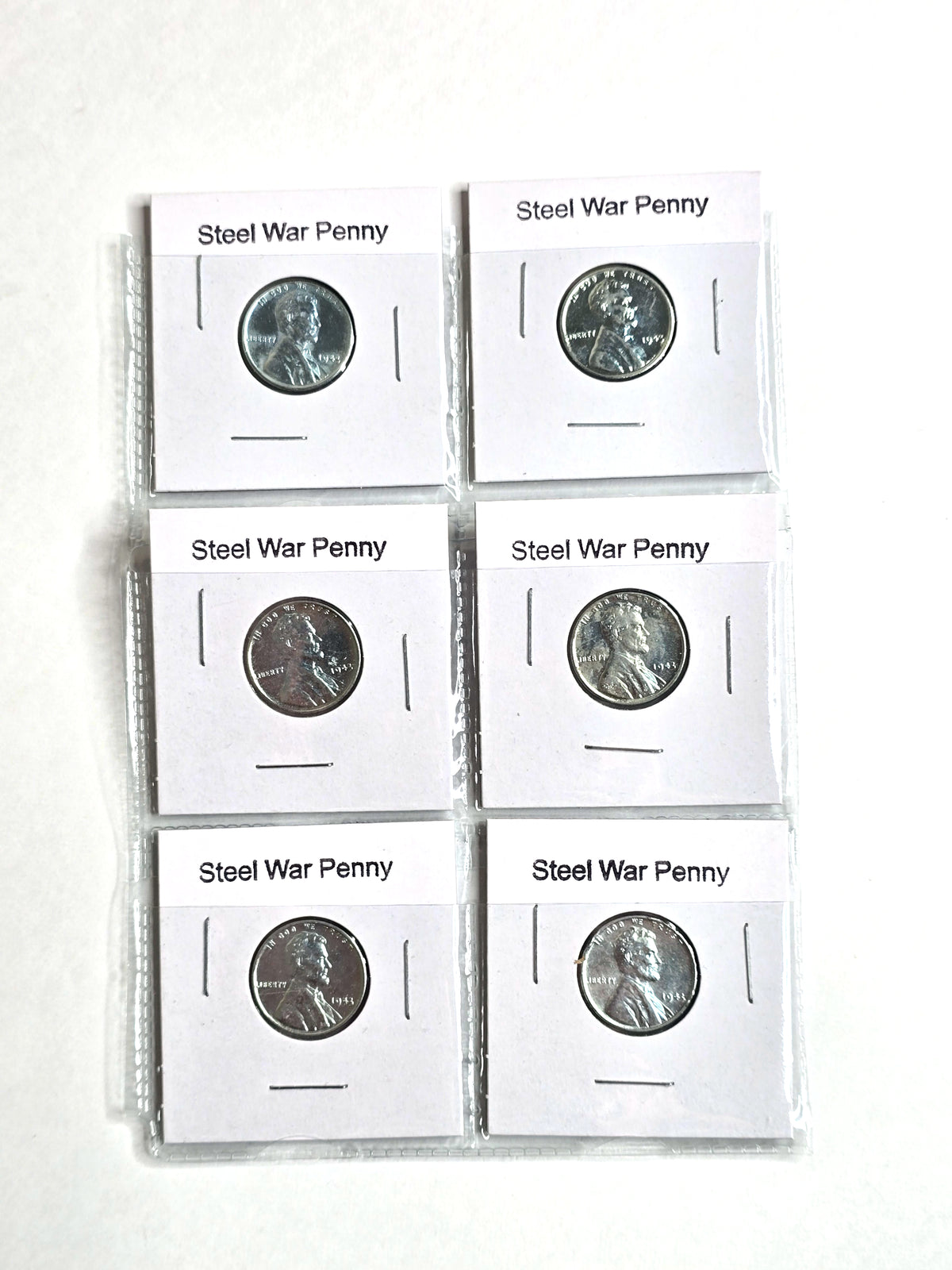 1943 WWII Steel Penny Sale Lot of 6 – Vintage Lincoln Wheat Cent War Pennies in 2x2 Flips